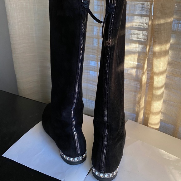 MIU MIU by Prada black suede below knee high boots crystal heels 36-6 zipper - Picture 6 of 12
